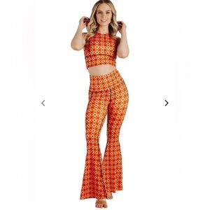 Yoga Democracy S Groovy Girl Flare Bell Bottom Leggings Pants Geometric Orange
